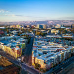 This is an overhead shot of downtown San Jose at sunset